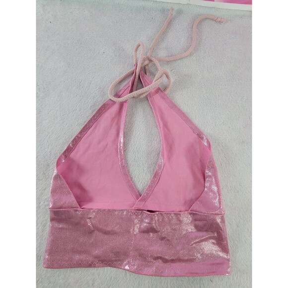 Barbie Pink Metallic Glitter Sexy Halter Crop Top Adjustable Size Small - Picture 2 of 5